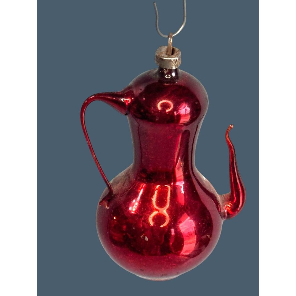 Antique Red Glass Pitcher Ornament Silver Mica Floral Applied Handle 3" - Picture 6 of 7